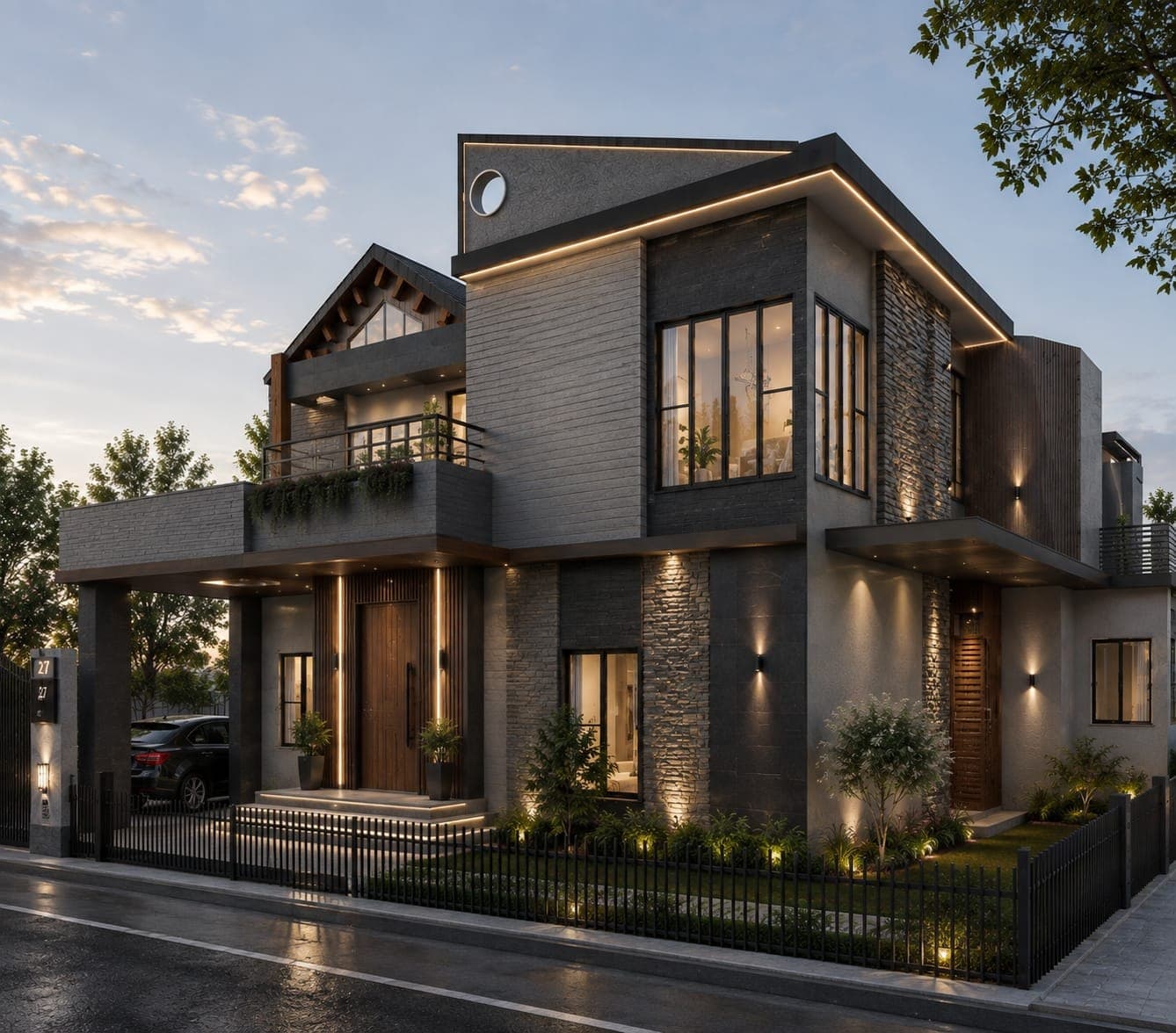 Corner view of the Safari Villa showing how the pitched and flat-roofed volumes meet