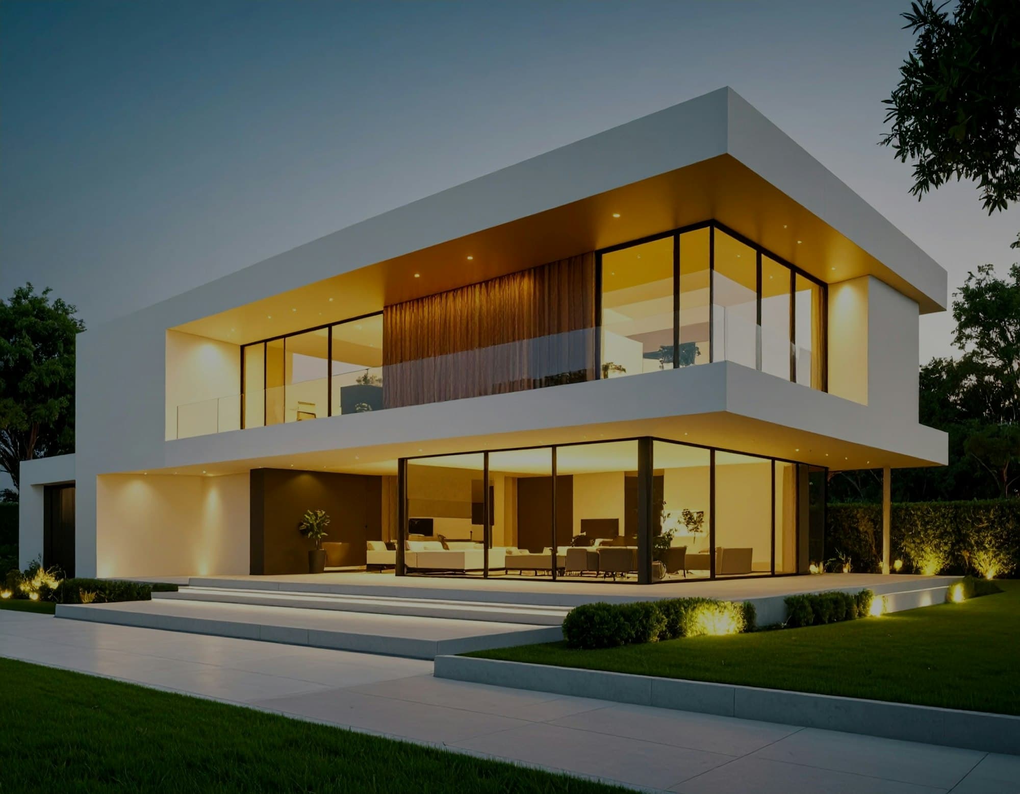 A modern house at dusk, its interiors lit warm behind full-height glazing